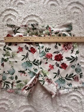 Workshop Republic Clothing White Floral Jean Shorts with Red & Green Blooms